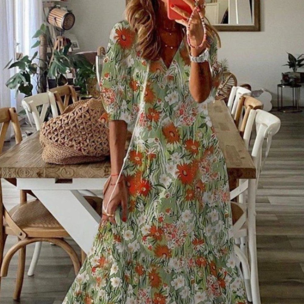 Romantic Half Sleeve Print Midi Dress NWT